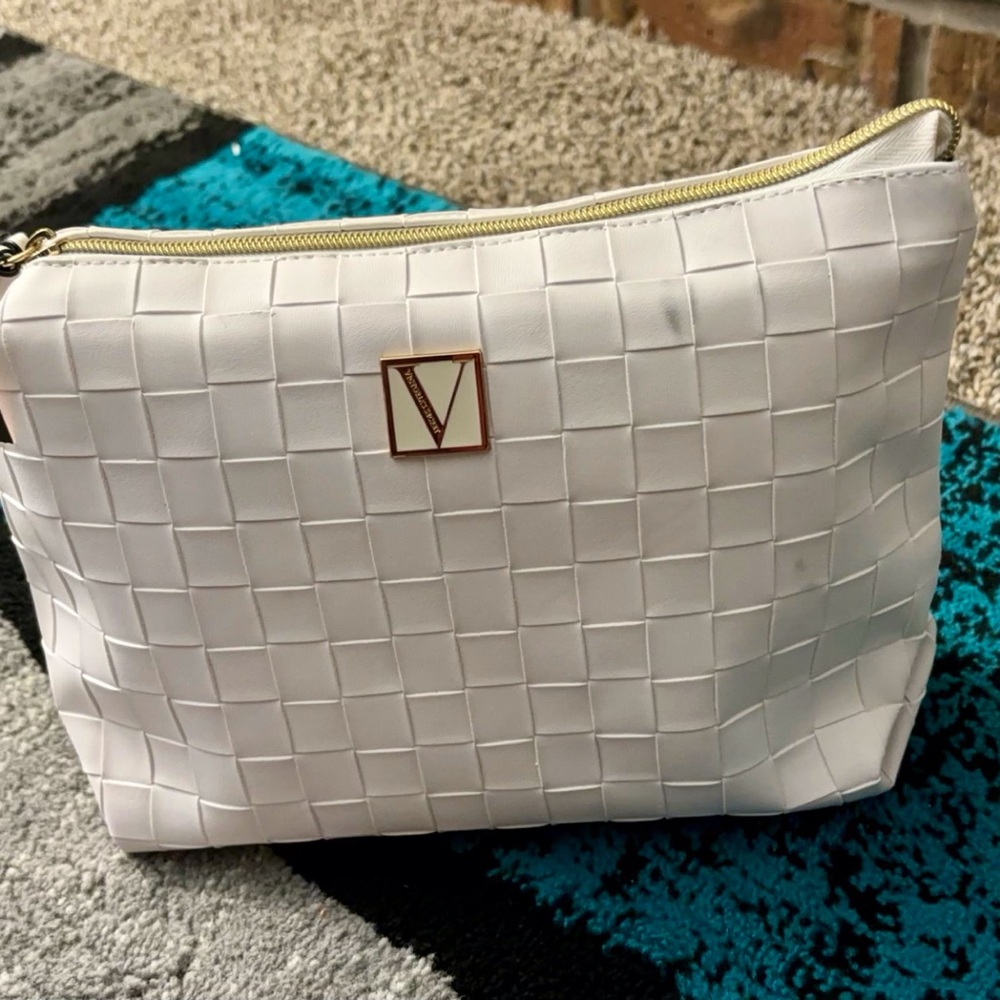 Victoria's Secret White Cosmetic Bag with Woven Texture and Gold Logo